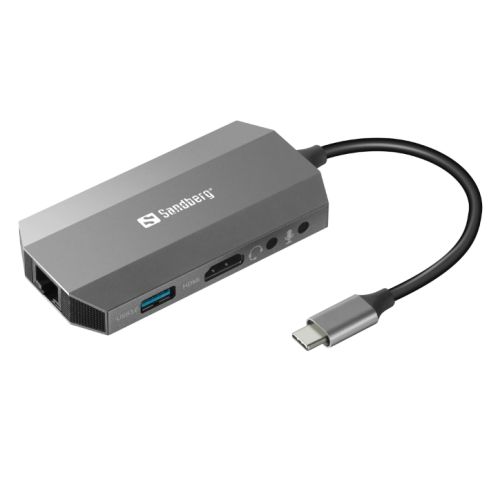 Sandberg (136-33) USB-C 6-in-1 Travel Dock - USB-C (up to 100W), HDMI, 2x USB 3.0, RJ45, Headphone, Microphone, SD/Micro SD/TF Card, Aluminium, 5 Year Warranty