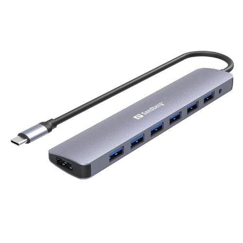 Sandberg External 7-Port USB-A Hub - USB-C Male, 7 x USB 3.0, USB/DC Powered, 5 Year Warranty