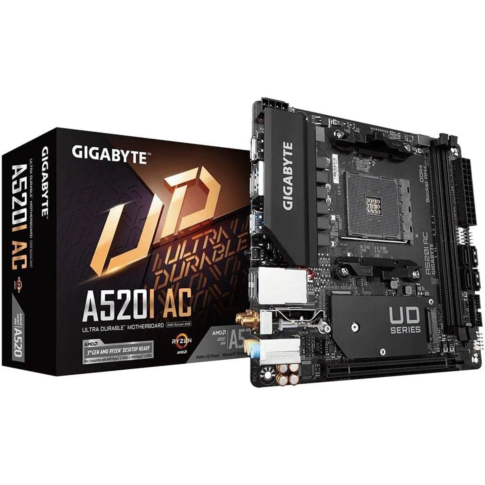 Gigabyte A520I AC Ultra Durable AMD AM4 Socket Motherboard, Mini-ITX, 2x DDR4 Slots, 1x M.2 Socket, Wifi 5, 1x Display Port 1.4 / 2x HDMI Ports