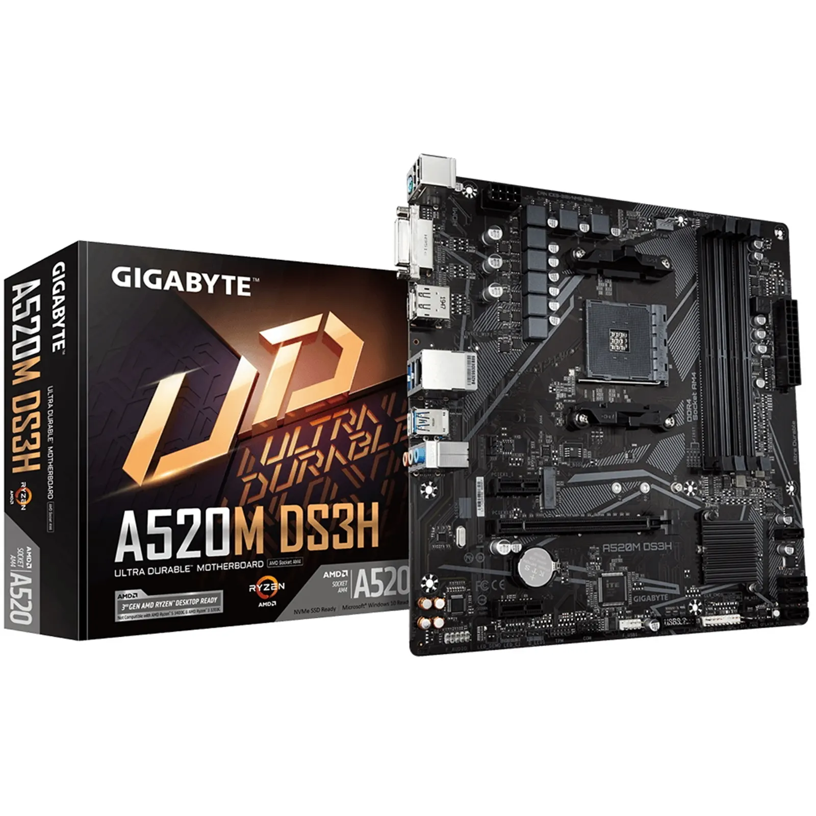 Gigabyte A520M DS3H Motherboard, AMD Socket AM4, Micro ATX, DDR4, Pure Digital VRM, High Quality Audio, Gaming LAN, PCIe 3.0 x 4 M.2, RGB Fusion 2.0, DVI/HDMI/DisplayPort