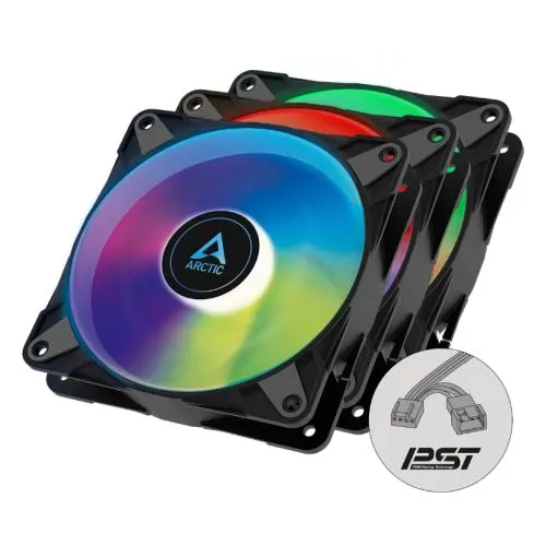 Arctic 12cm P12 Pressure Optimised PWM PST ARGB Case Fans x3, Fluid Dynamic, 12 LEDs, 0-2000 RPM, 0dB Mode, Black