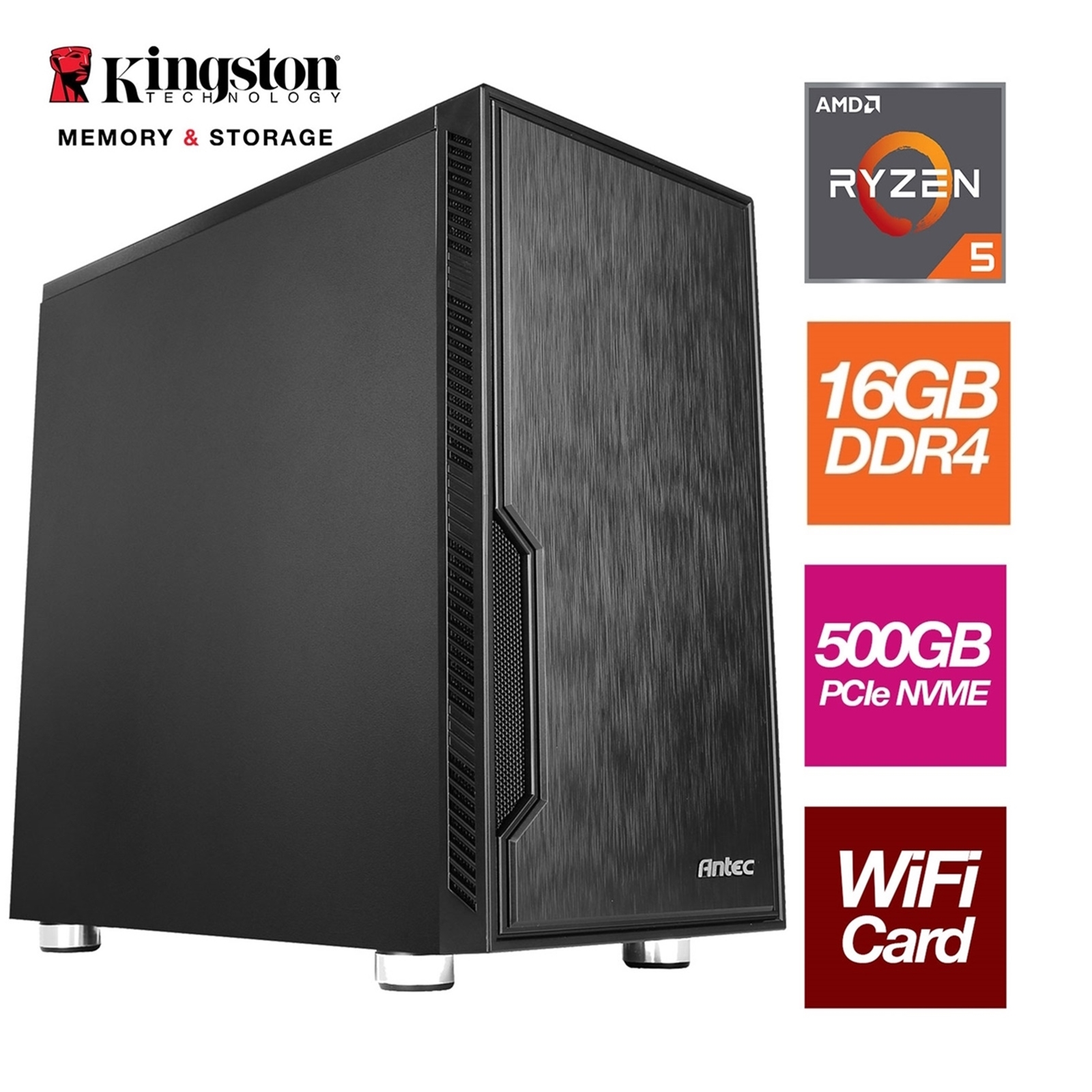 AMD Ryzen 5 5500GT 6 Core 12 Threads 3.60GHz (4.40GHz Boost) 16GB Kingston DDR4 RAM, 500GB Kingston NVMe, with Wi-Fi 6 + BT Card - Stylish Black Antec Case - Pre-Built System