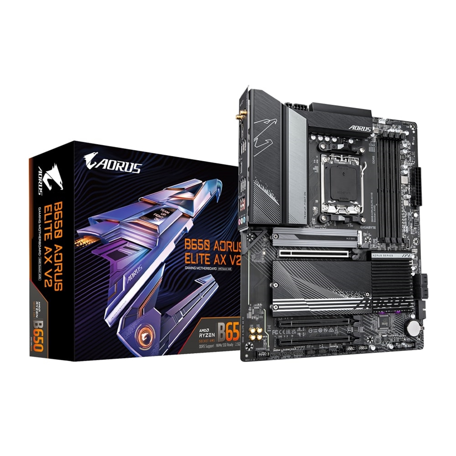 Gigabyte B650 AORUS ELITE AX V2 AMD AM5 Socket Motherboard, ATX, 4x DDR5 Slots, 3x M.2 Sockets, 1x USB-C Port, Fitted I/O Shield, Wi-Fi 6E, 1x Display Port 1.4 / 1x HDMI Ports