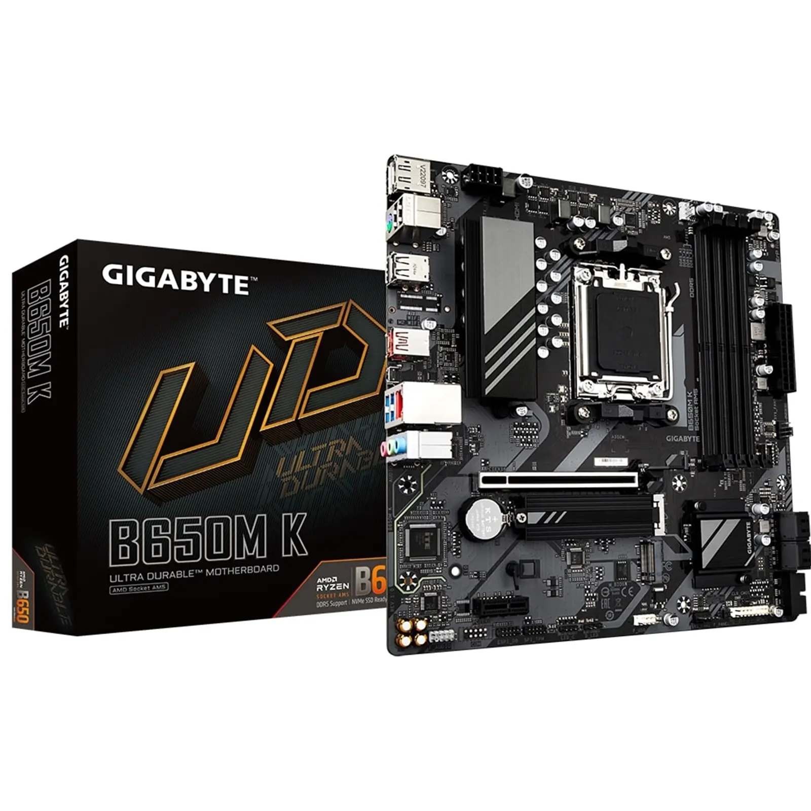 Gigabyte B650M K DDR5 Motherboard, AMD Socket AM5, Micro ATX, USB-C 10Gb/s, 1 PCIe 4.0 x16, 2 PCIe 4.0 x4 M.2, DP, HDMI, Q-Flash Plus