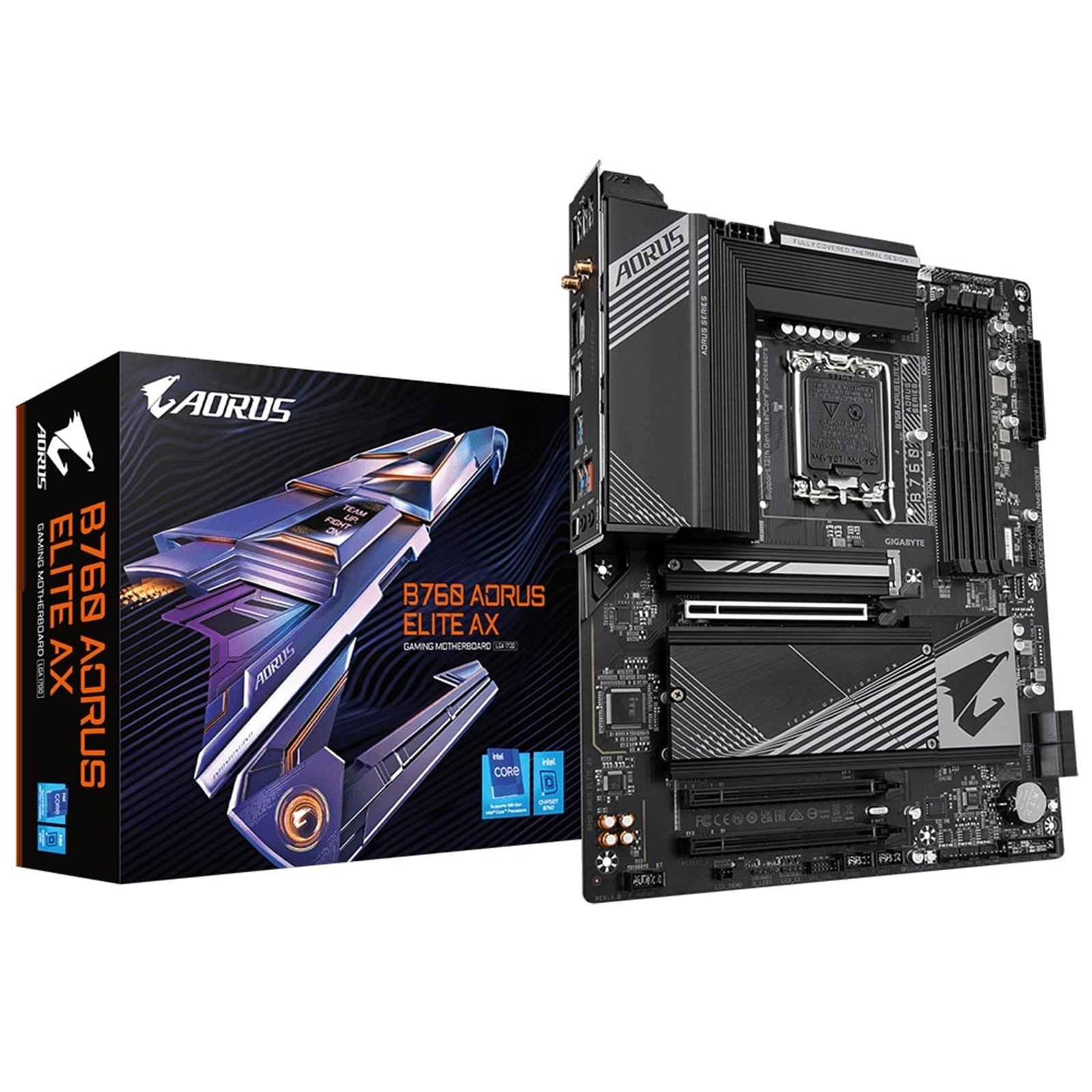 Gigabyte B760 AORUS ELITE AX Intel 1700 Socket Motherboard, ATX, 4x DDR5 Slots, 3x M.2 Sockets, 2x USB-C Port, Fitted I/O Shield, Wi-Fi 6E, 1x Display Port / 1x HDMI Port