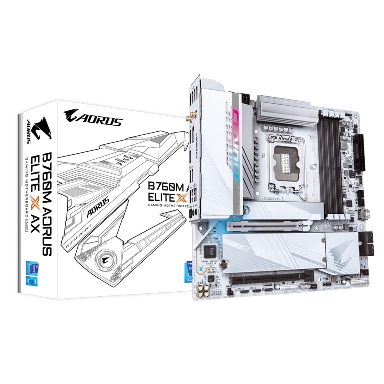 Gigabyte B760M AORUS ELITE X AX Intel 1700 Socket Motherboard, Micro-ATX, 4x DDR5 Slots, 2x M.2 Sockets, 1x USB-C Port, Fitted I/O Shield, Wi-Fi 6E, 1x Display Ports 1.2 / 2x HDMI Port