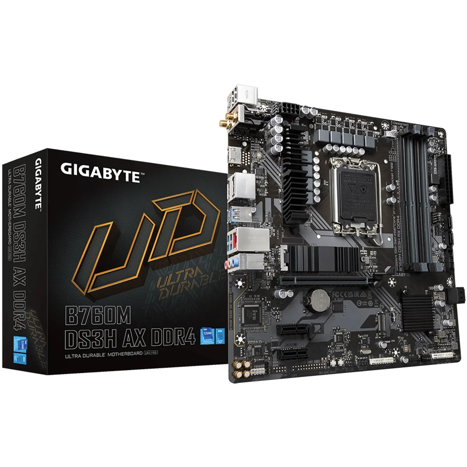 Gigabyte B760M DS3H AX DDR4 Motherboard, Intel Socket 1700, 12th/13th Gen, 1x PCIe 4.0 x16, 2 x PCIe 4.0 M.2, Micro ATX, USB Type-C, 2.5GbE LAN, Wi-Fi 6E 802.11ax, HDMI, DisplayPort, Smart Fan 6, Q-Flash Plus