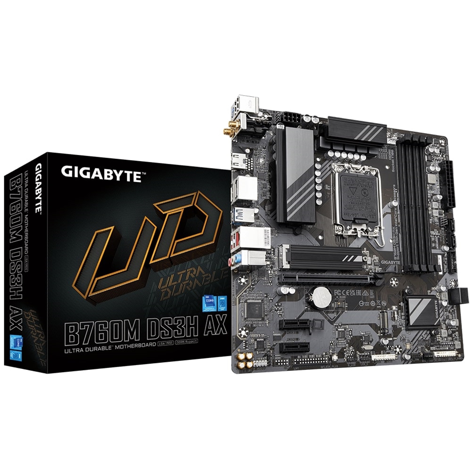 Gigabyte B760M DS3H AX Ultra Durable Intel 1700 Socket Motherboard, Micro-ATX, 4x DDR5 Slots, 2x M.2 Sockets, 1x USB-C Port, Wi-Fi 6E, 2x Display Ports 1.2 / 1x HDMI Port