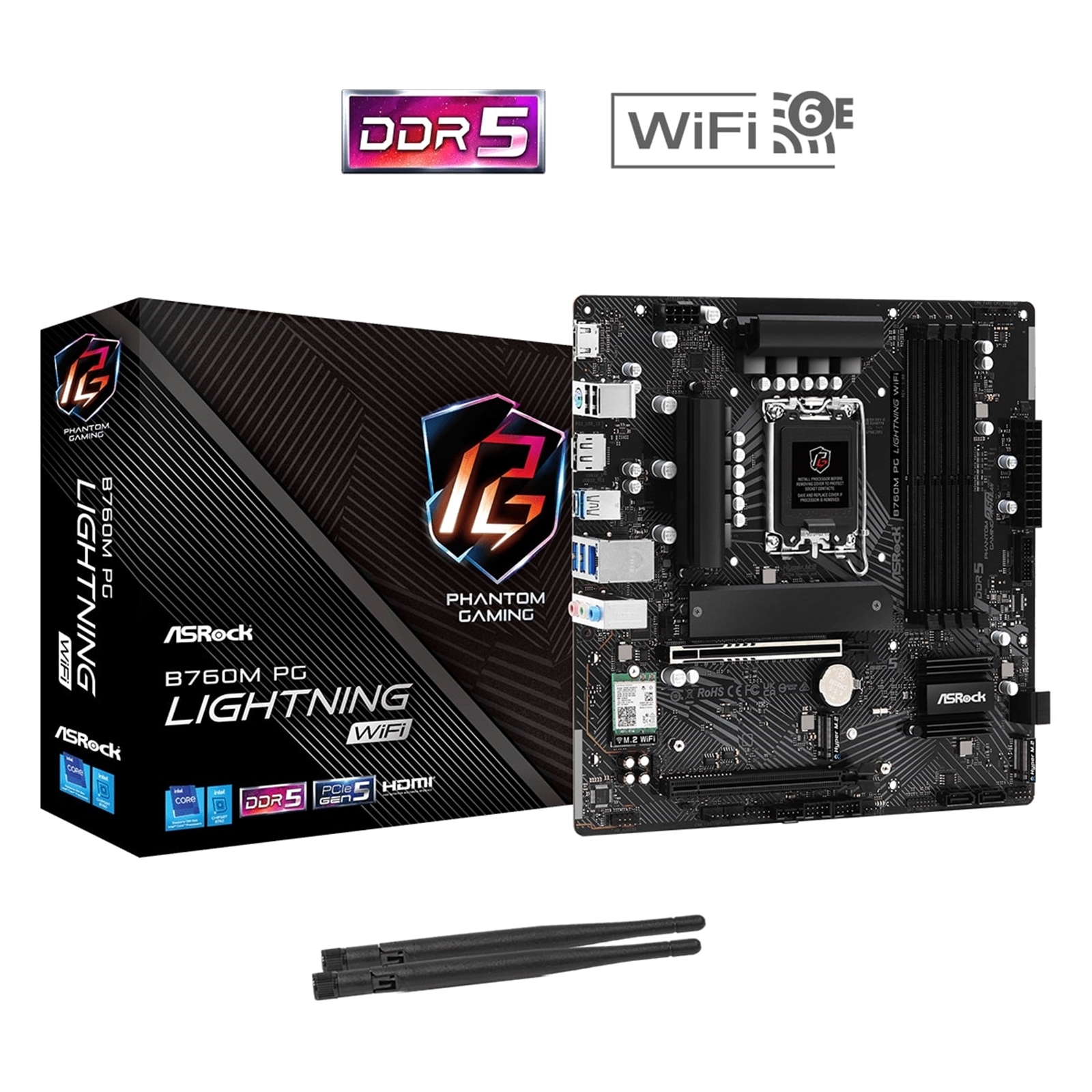 ASRock B760M PG LIGHTNING WIFI Motherboard, Wi-Fi 6E, 2.5G LAN, Intel Socket 1700, Supports 12th/13th Gen, DDR5, 1x PCIe 5.0 x16, 1x M.2 Socket, 1x HDMI Port, 1x DisplayPort 1.4, 1x USB 3.2 Gen1 Type-C Port, 3x USB 3.2 Gen1 Type-A Ports, 2x USB 2.0 Ports,