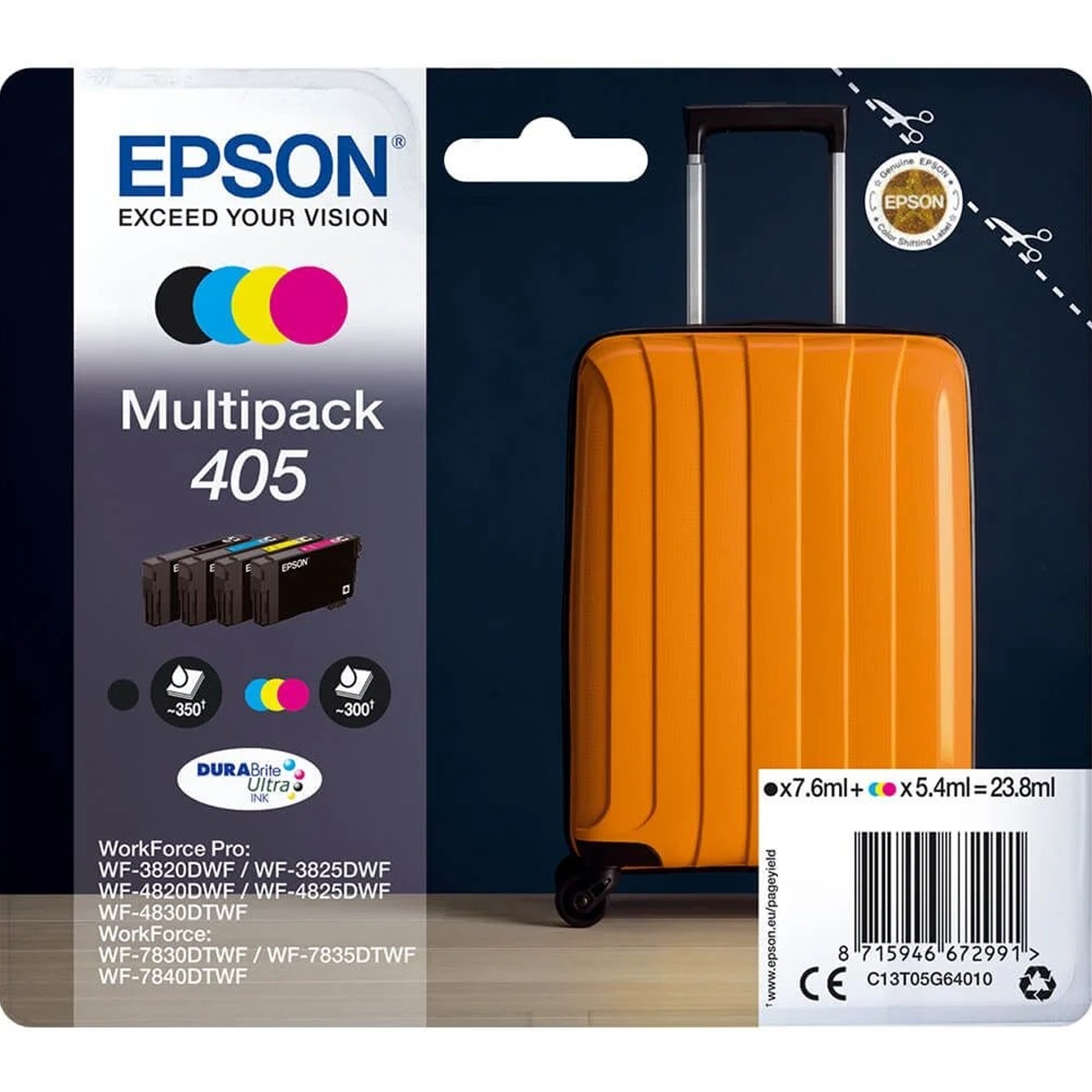 Epson 405 Multipack (Original) - Black, Cyan, Magenta, Yellow DURABrite Ultra Ink Cartridges for Workforce WF-7310, 7830, 7835, 7840, Pro WF-3820, 3825, 4820, 4825, 4830 - 4-Pack