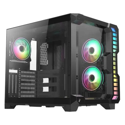 CiT Pro Android X Gaming Case w/ Glass Side & Front, E-ATX, Dual Chamber, Front LED Strip, 3x Infinity ARGB Fans, ARGB Hub, LED Button, Full Black