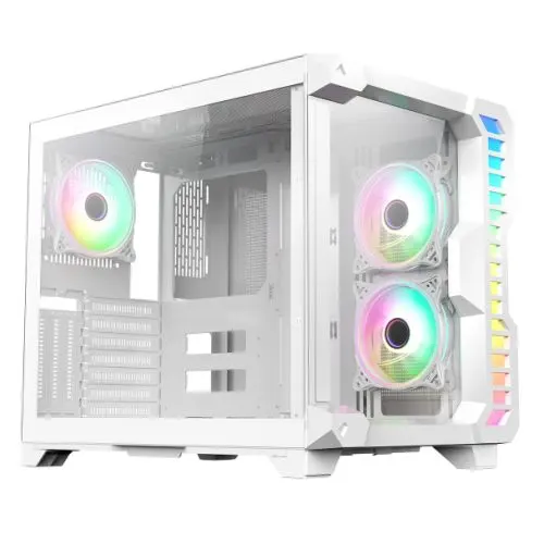 CiT Pro Android X Gaming Case w/ Glass Side & Front, E-ATX, Dual Chamber, Front LED Strip, 3x Infinity ARGB Fans, ARGB Hub, LED Button, Full White