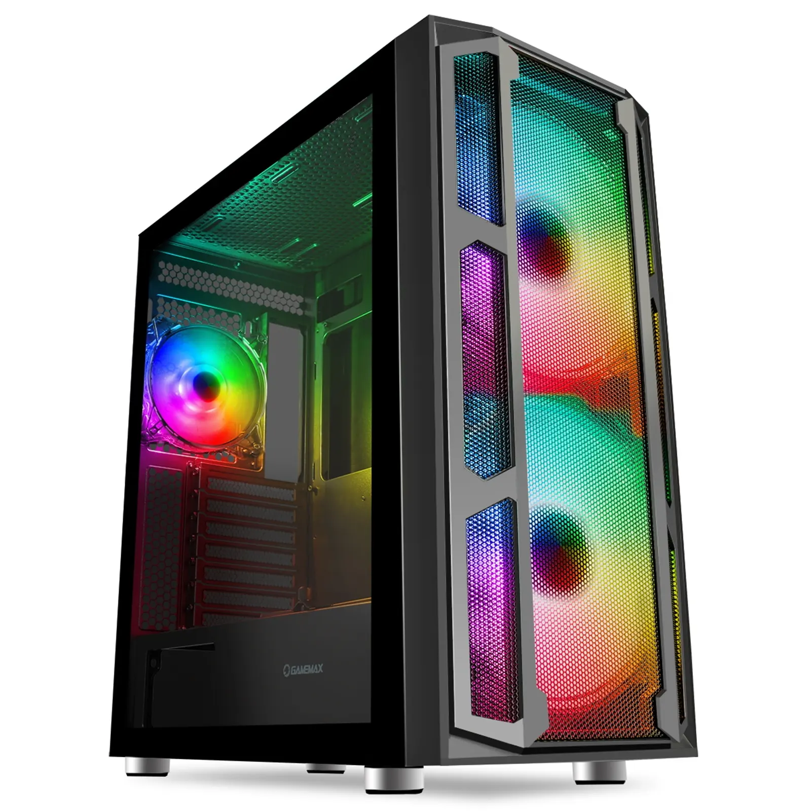 GameMax F15M Full Tower 1 x USB 3.0 / 2 x USB 2.0 Tempered Glass Side Window Panels With Mesh Front Panel Black Case with Addressable RGB LED Fans