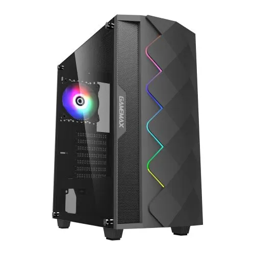 GameMax Diamond ARGB Gaming Case w/ Glass Window, ATX, ARGB Strip & Angled Pattern Front, Rear RGB Fan, LED Button, Black