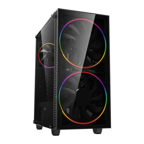 GameMax Black Hole ARGB Gaming Case w/ Glass Window, ATX, Front 20cm ARGB Ring Fans, ARGB PWM Hub, LED & Brightness Buttons, Black