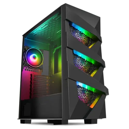 GameMax Vengeance ARGB Gaming Case w/ Glass Window, ATX, Unique Mesh Panels, 4x ARGB Fans, Fan Hub, Black