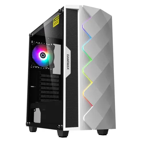 GameMax Diamond ARGB Gaming Case w/ Glass Window, ATX, ARGB Strip & Angled Pattern Front, Rear RGB Fan, LED Button, White