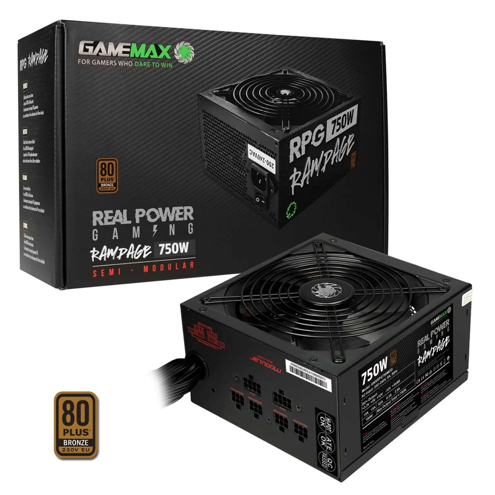 GAMEMAX RPG Rampage 750W PSU, 140mm Ultra Silent Fan, 80 PLUS Bronze, Semi Modular, Flat Black Cables, Japanese TK Main Capacitor Fitted