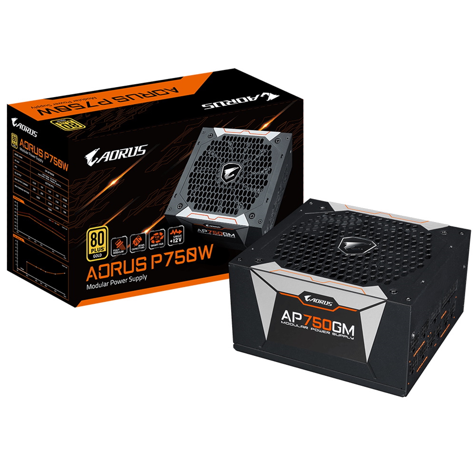 GIGABYTE AORUS P750W 750W PSU, 135mm Smart 2 Ball Bearing Fan, 80 PLUS Gold, Fully Modular, UK Plug, High-Quality Japanese Capacitors, Powerful Single +12V Rail