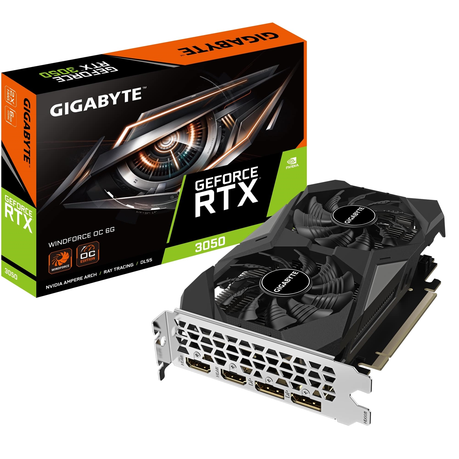 Gigabyte NVIDIA GeForce RTX 3050 WINDFORCE OC 6G Graphics Card, 6GB GDDR6, 2304 CUDA Cores, 1477 MHz Core Clock, Dual Fan, 2x DisplayPorts / 2x HDMI Ports