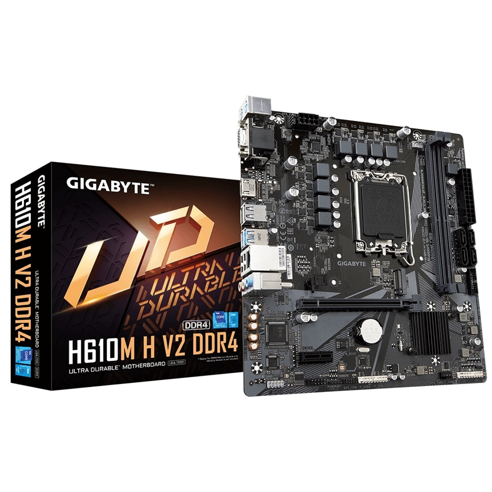 Gigabyte H610M H V2 DDR4 Ultra Durable Intel 1700 Socket Motherboard, Micro-ATX, 2x DDR4 Slots, 1x M.2 Socket, 1x D-Sub / 1x HDMI Port