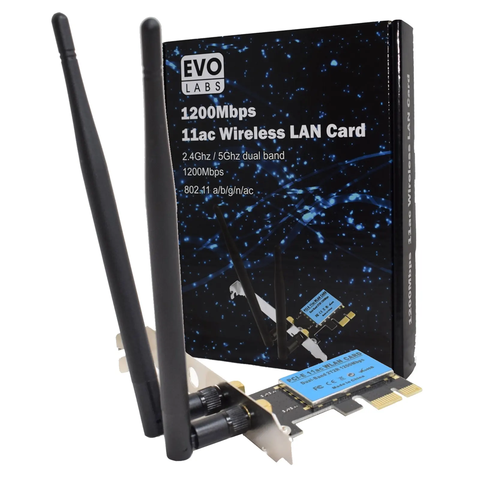 Evo Labs PCI-Express Full Height AC1200 Dual Band WiFi Card with Detachable Antennas and Low Profile Bracket