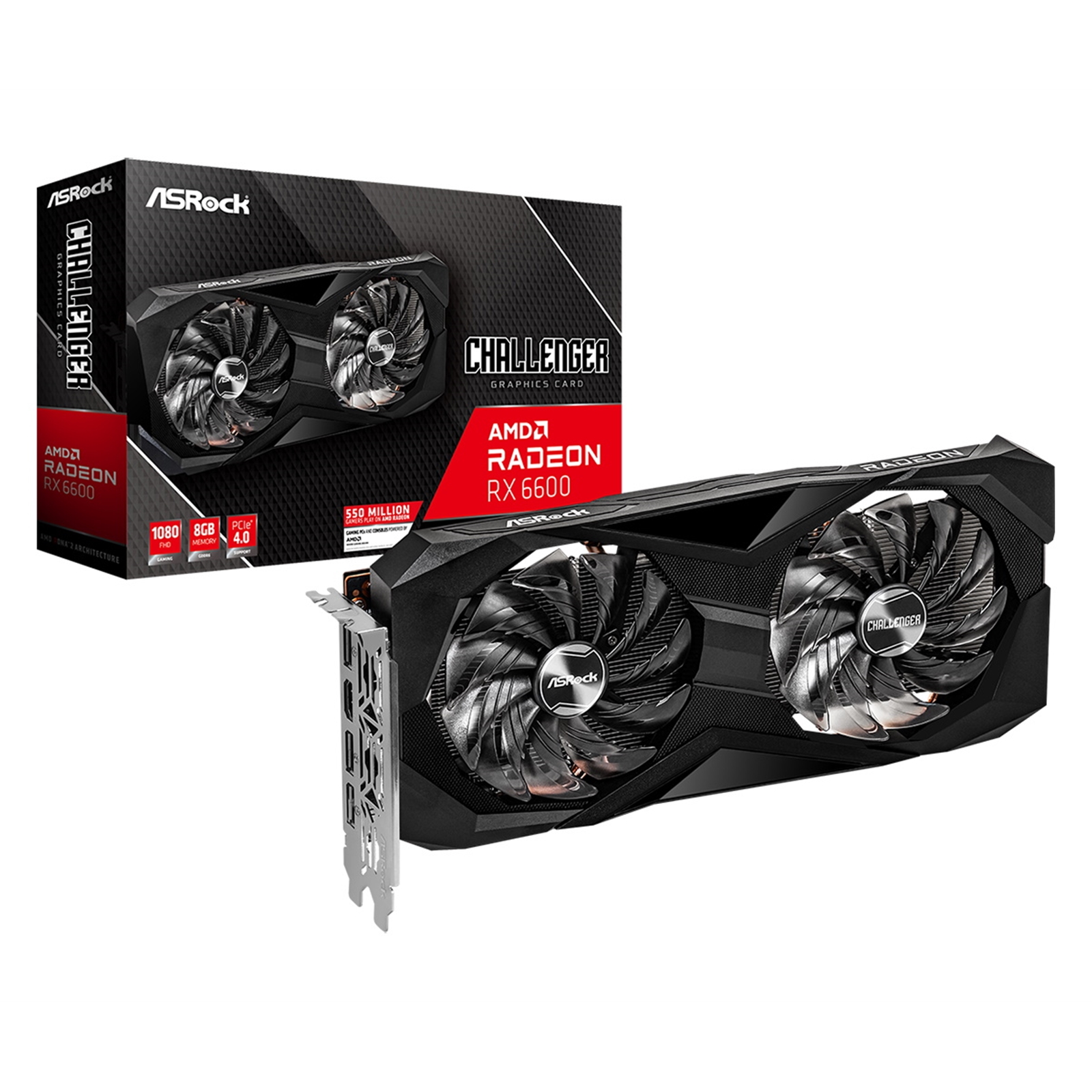 ASRock AMD Radeon RX 6600 Challenger D 8GB Graphics Card, GDDR6, 3x DisplayPort, 1x HDMI, Dual Axial Fan, Ultra-Fit Heatpipe, Metal Backplate, 0dB Silent Cooling