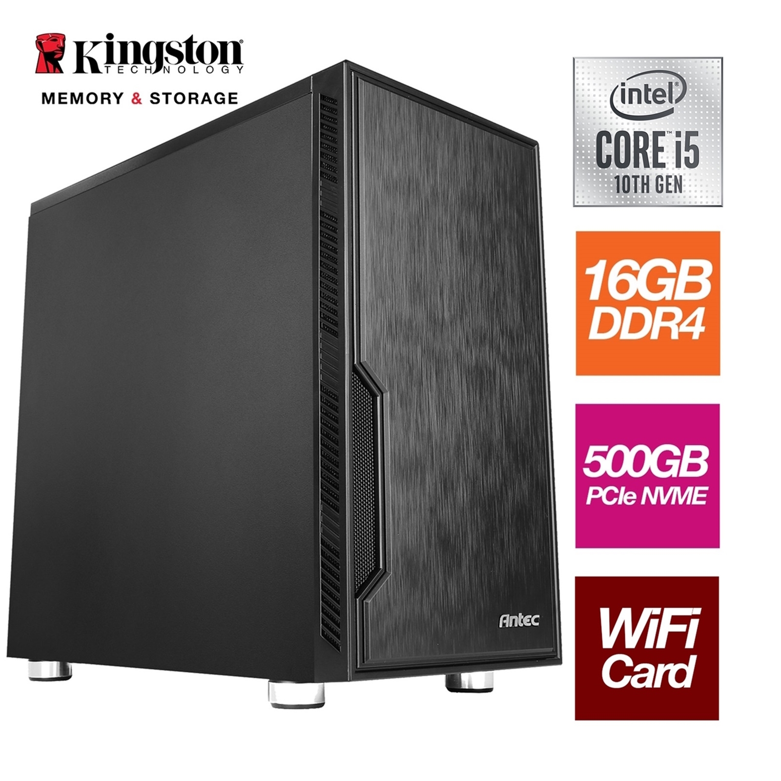 Intel i5-10400 6 Core 12 Threads 2.90GHz (4.30GHz Boost) CPU, 16GB Kingston DDR4 RAM, 500GB Kingston NVMe M.2, Antec VSK Chassis, Wi-Fi 6 + Bluetooth, FREE Keyboard & Mouse - Pre-Built PC