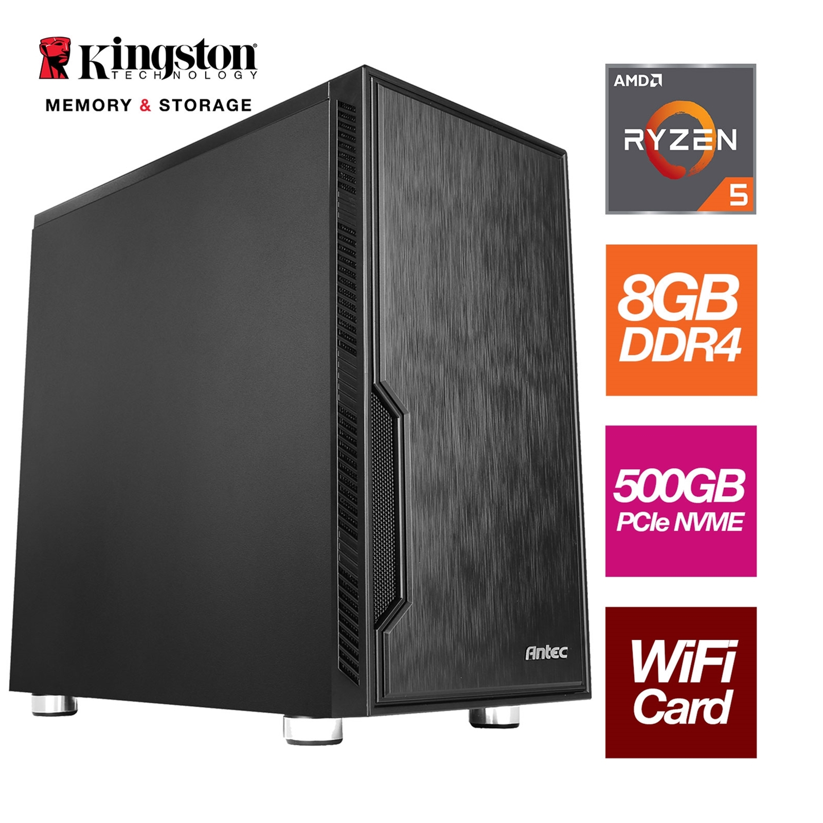 AMD Ryzen 7 5700G 8 Core 16 Threads 3.80GHz (4.60GHz Boost) 16GB Kingston DDR4 RAM, 500GB Kingston NVMe, with Wi-Fi 6 Card - Stylish Black Antec Case - Pre-Built System