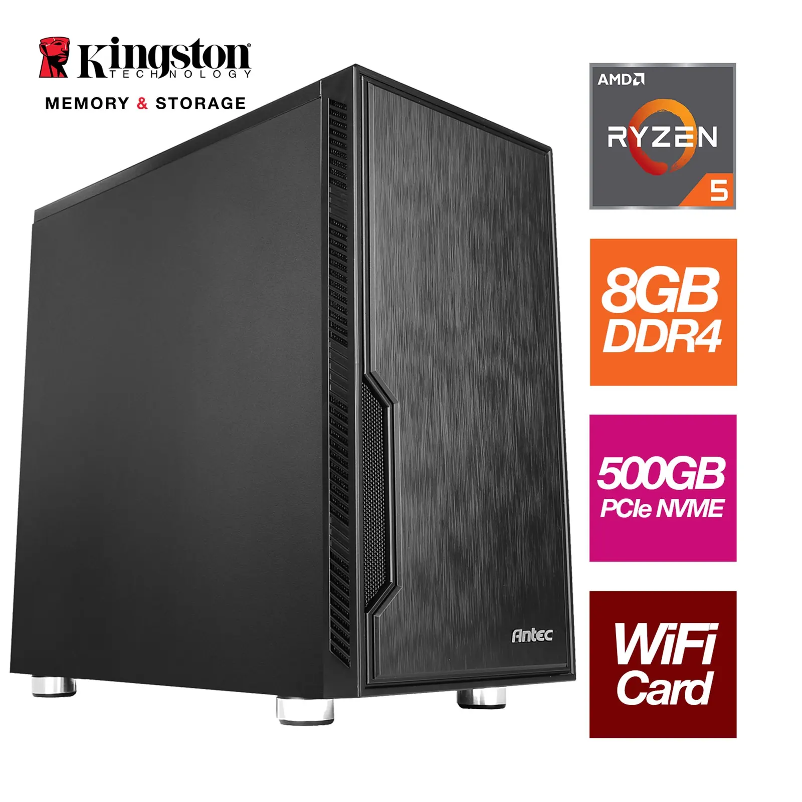 AMD Ryzen 5 4600G 6 Core 12 Threads 3.70GHz (4.20GHz Boost) 8GB Kingston DDR4 RAM, 500GB Kingston NVMe, with Wi-Fi Card - Stylish Black Antec Case - Pre-Built System