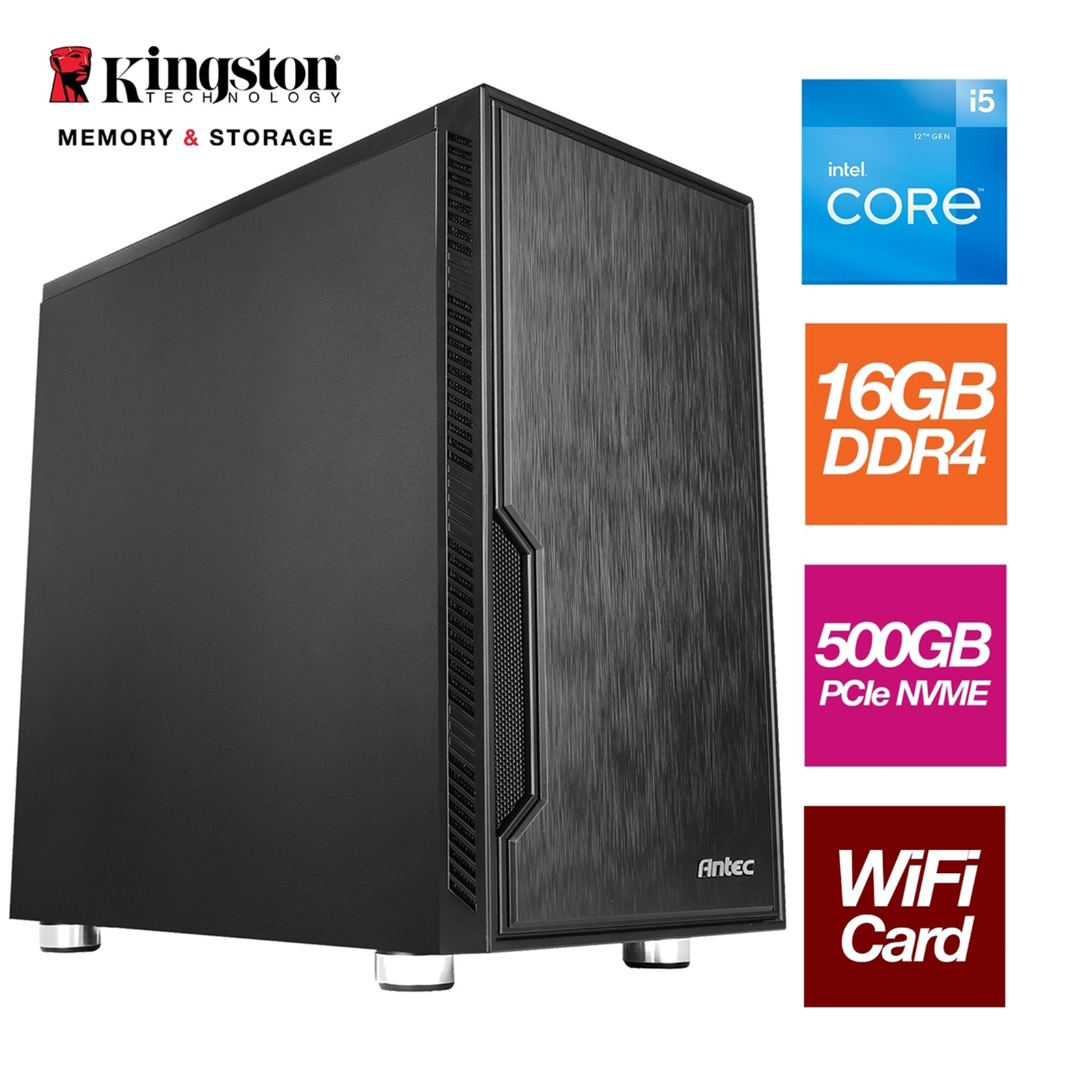 Intel i5 12400 6 Core 12 Thread 2.50GHz (4.40GHz Boost), 16GB Kingston RAM, 500GB Kingston NVMe M.2, Wi-Fi 6 Card. Antec VSK Chassis - Pre-Built PC