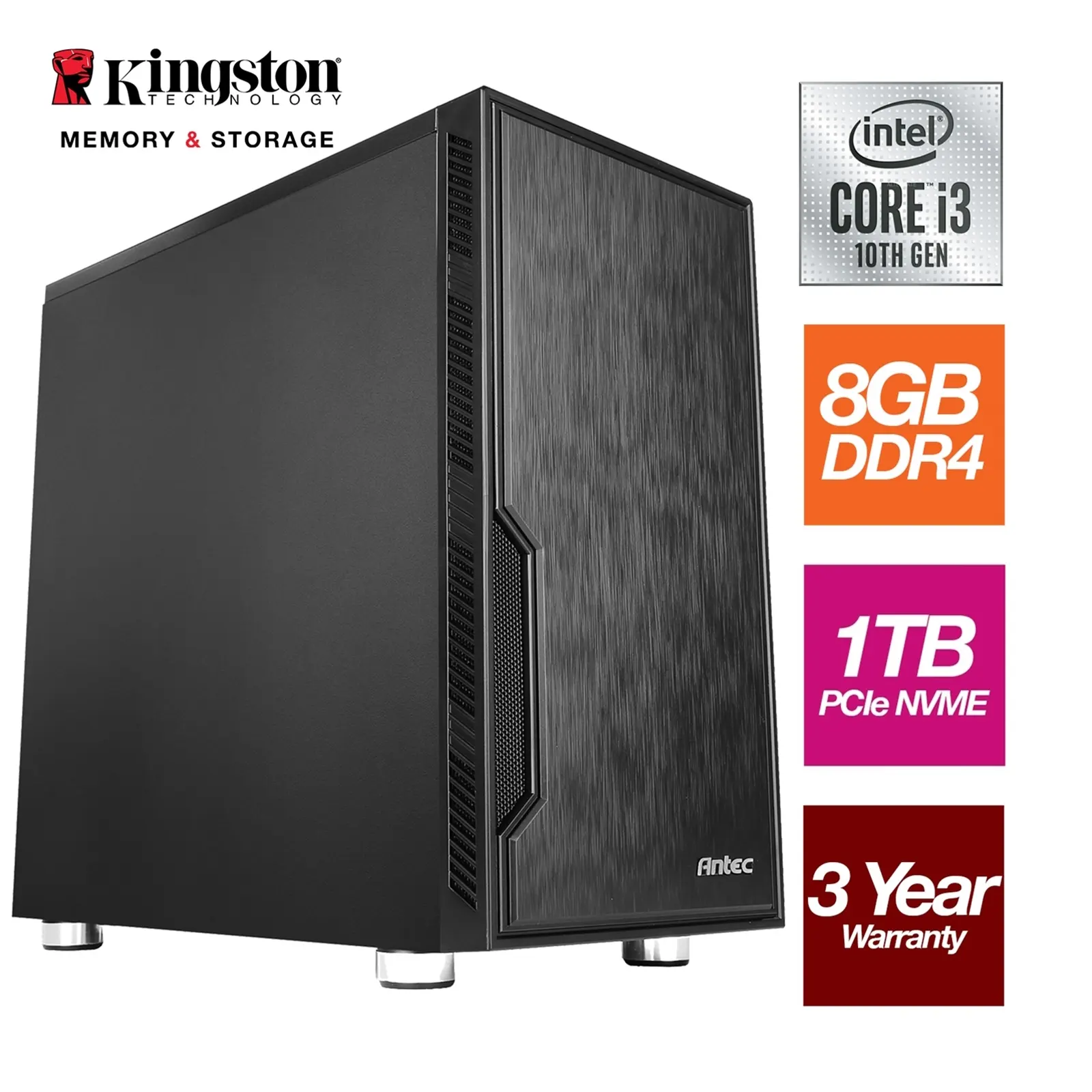 Intel i3-10100 Quad Core 8 Threads 3.60GHz (4.30GHz Boost) CPU, 8GB Kingston DDR4 RAM, 1TB Kingston NVMe M.2, Antec VSK Chassis - Pre-Built PC