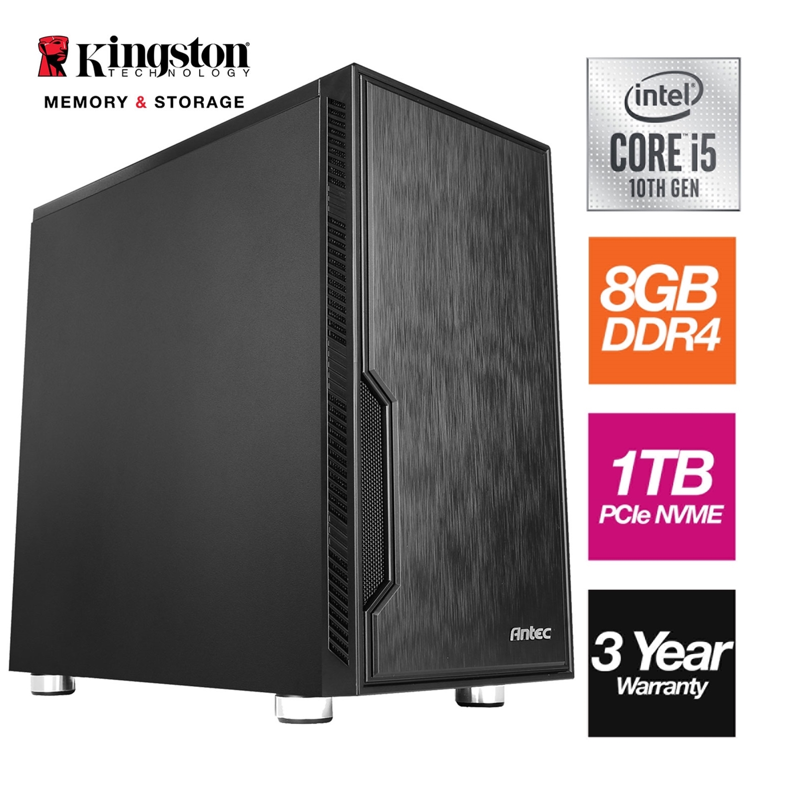 Intel i5-10400 6 Core 12 Threads 2.90GHz (4.30GHz Boost) CPU, 8GB Kingston DDR4 RAM, 1TB Kingston NVMe M.2, Antec VSK Chassis - Pre-Built PC