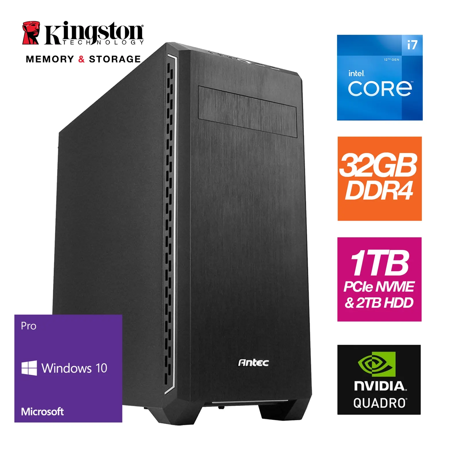 CAD Intel i7-12700F 12 Core 20 Threads, 2.10GHz (4.90GHz Boost) - 32GB Kingston DDR4 RAM, 1TB Kingston M.2, PNY T1000 Quadro Card, Silent Case, w Windows 10 Pro - Prebuilt System