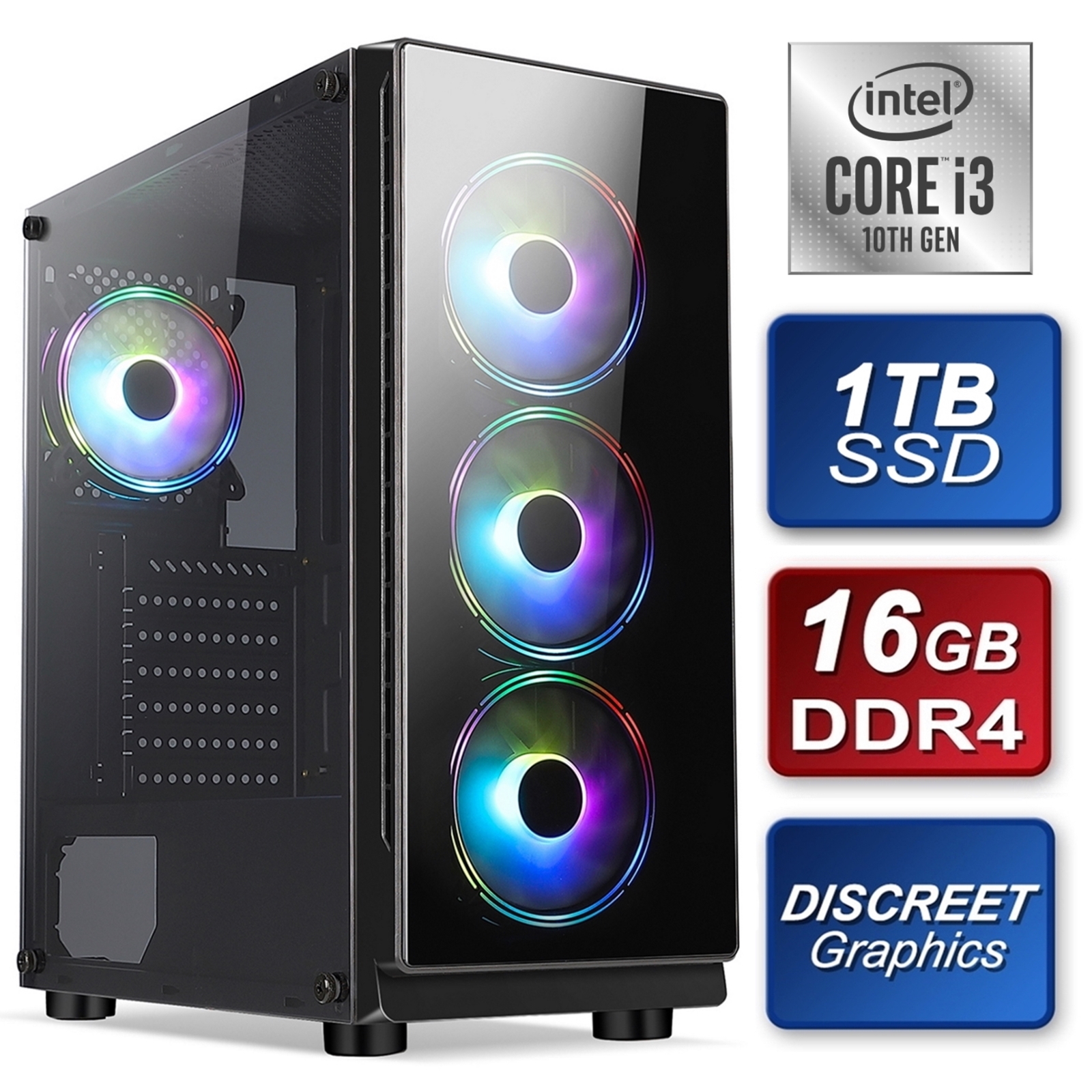 RGB Gaming PC - Intel i3 Quad Core 8 Threads 3.60GHz (4.30GHz Boost), 16GB DDR4 RAM, 1TB SSD, GT 1030 Graphic Card, AC1200 Wi-Fi Card, Pre-Built PC with 3 Year Warranty + FREE Marvo 4-in-1 Gaming Bundle