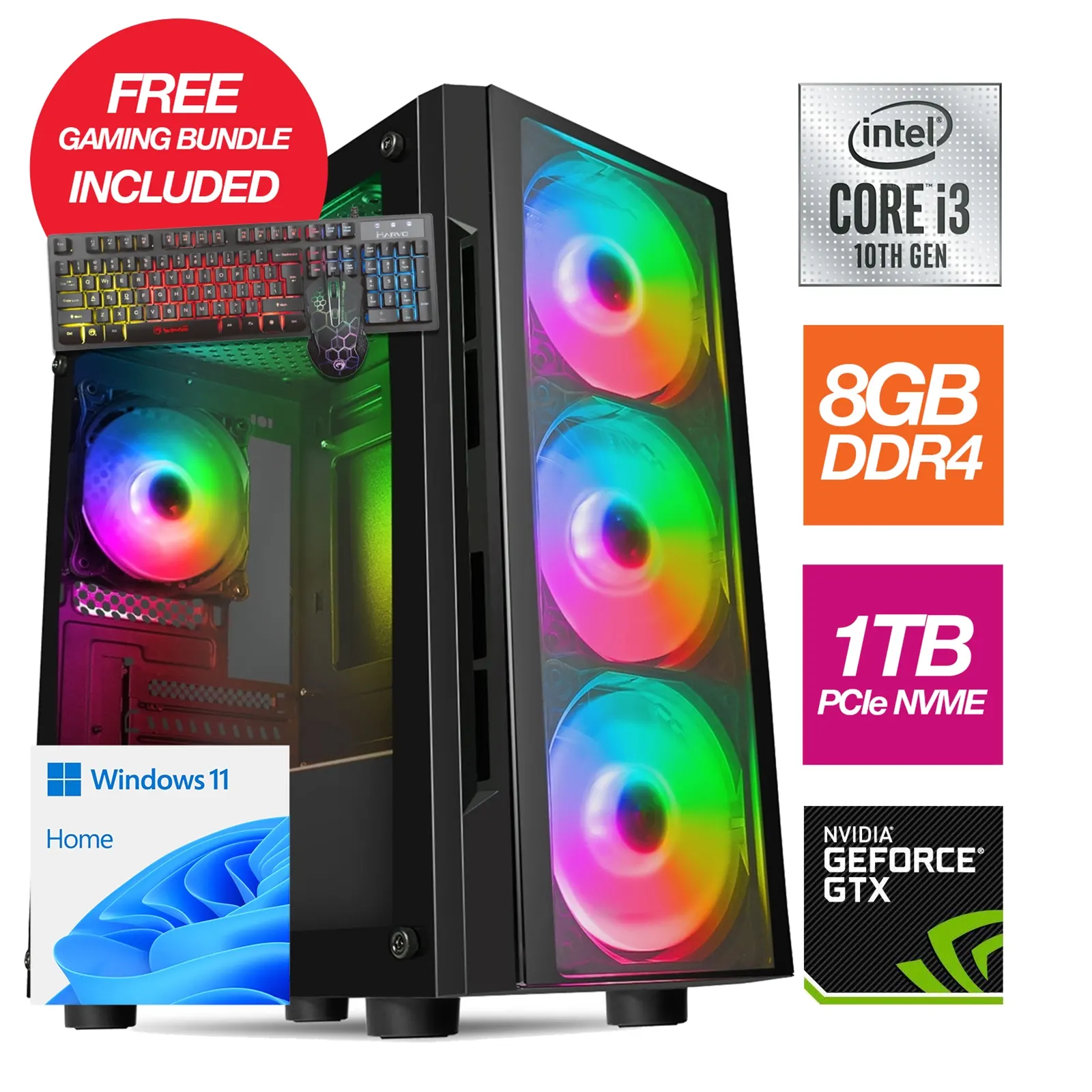 RGB Gaming System - Intel i3 10100F Quad Core 8 Thread 3.60GHz (4.30GHz Boost), 8GB RAM, 1TB NVMe M.2, GTX1650 4GB Graphics card, Windows 11 Home, with FREE Gaming Keyboard & Mouse Bundle - Pre-Built PC