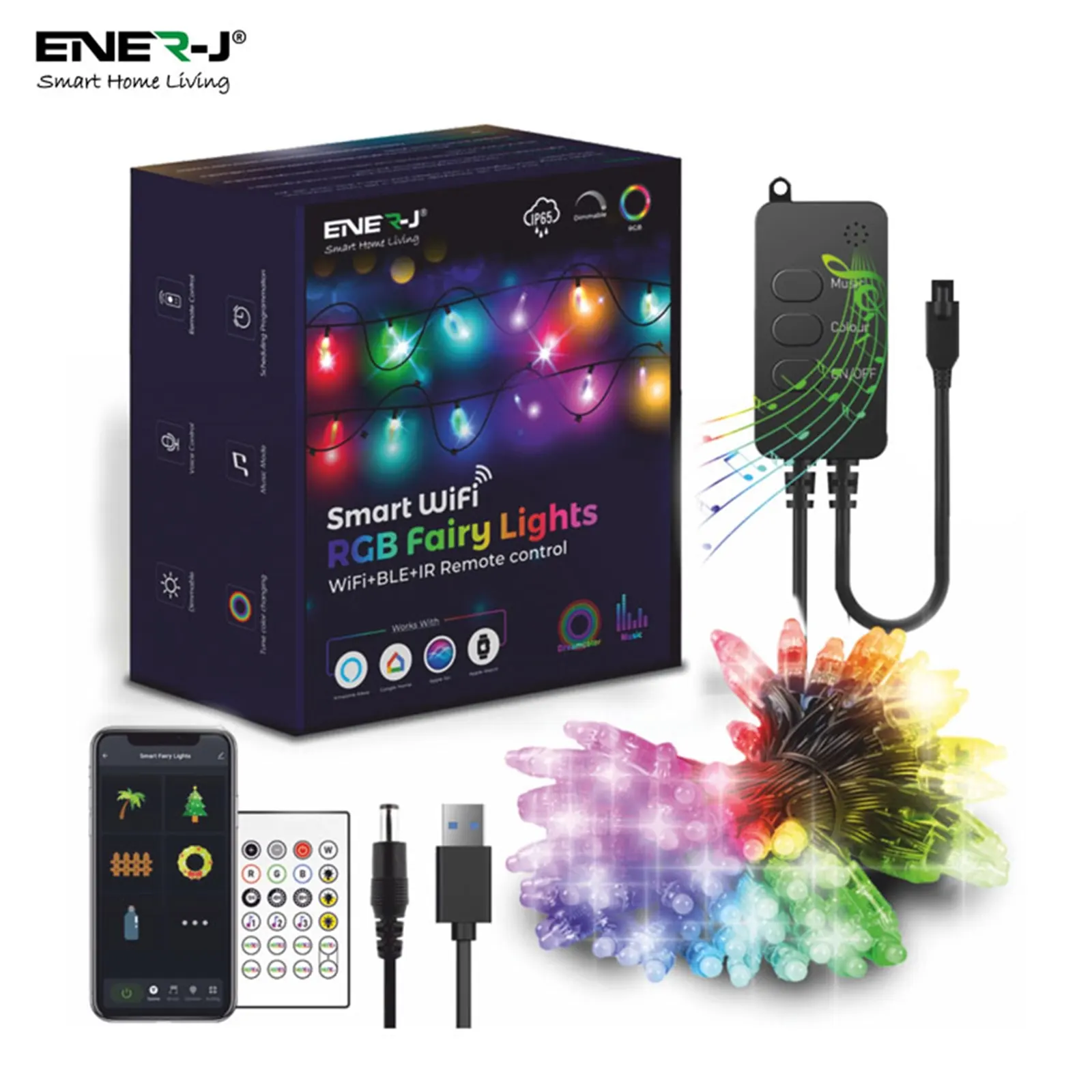 ENER-J Smart RGB Fairy Lights with Wi-Fi, Bluetooth and IR Remote Control, 5 Metre Length