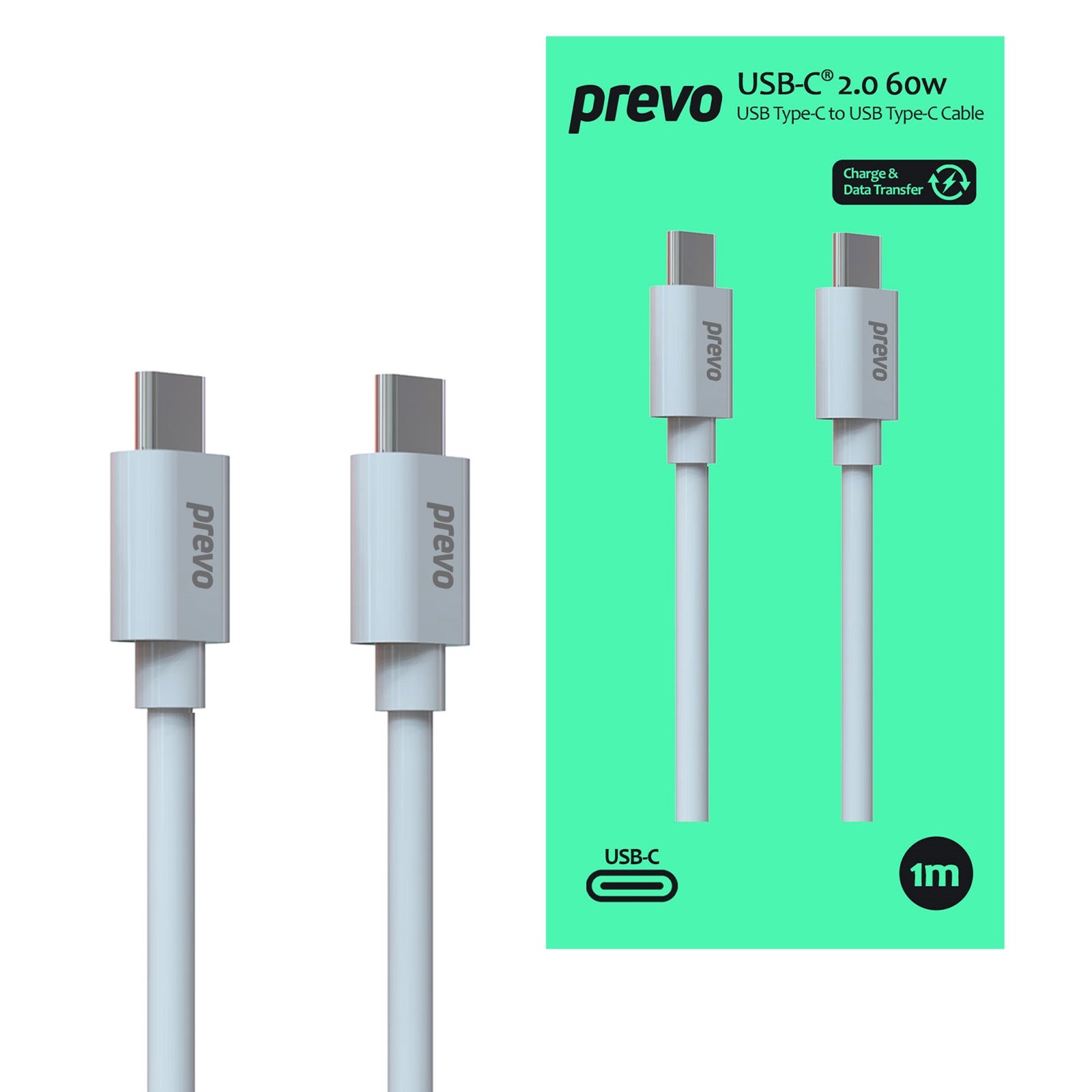 Prevo USB 2.0  60W C to C PVC cable, 20V/3A, 480Mbps, Injection moulding + PVC, White, Superior Design & Perfornance, Retail Box Packaging