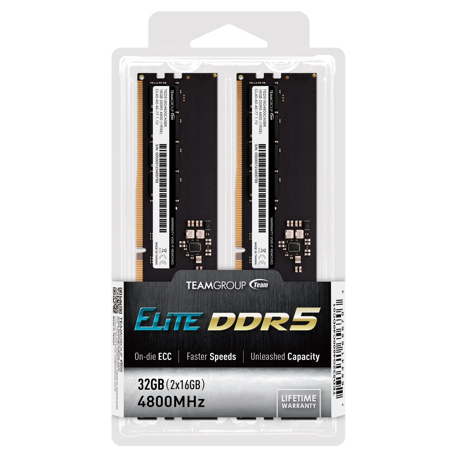 Team Elite TED532G4800C40DC01 32GB DIMM System Memory, DDR5, 4800MHz, 2 x 16GB, Alluminium Heatsink, 288 Pin, 1.1v, CL40-40-40-77