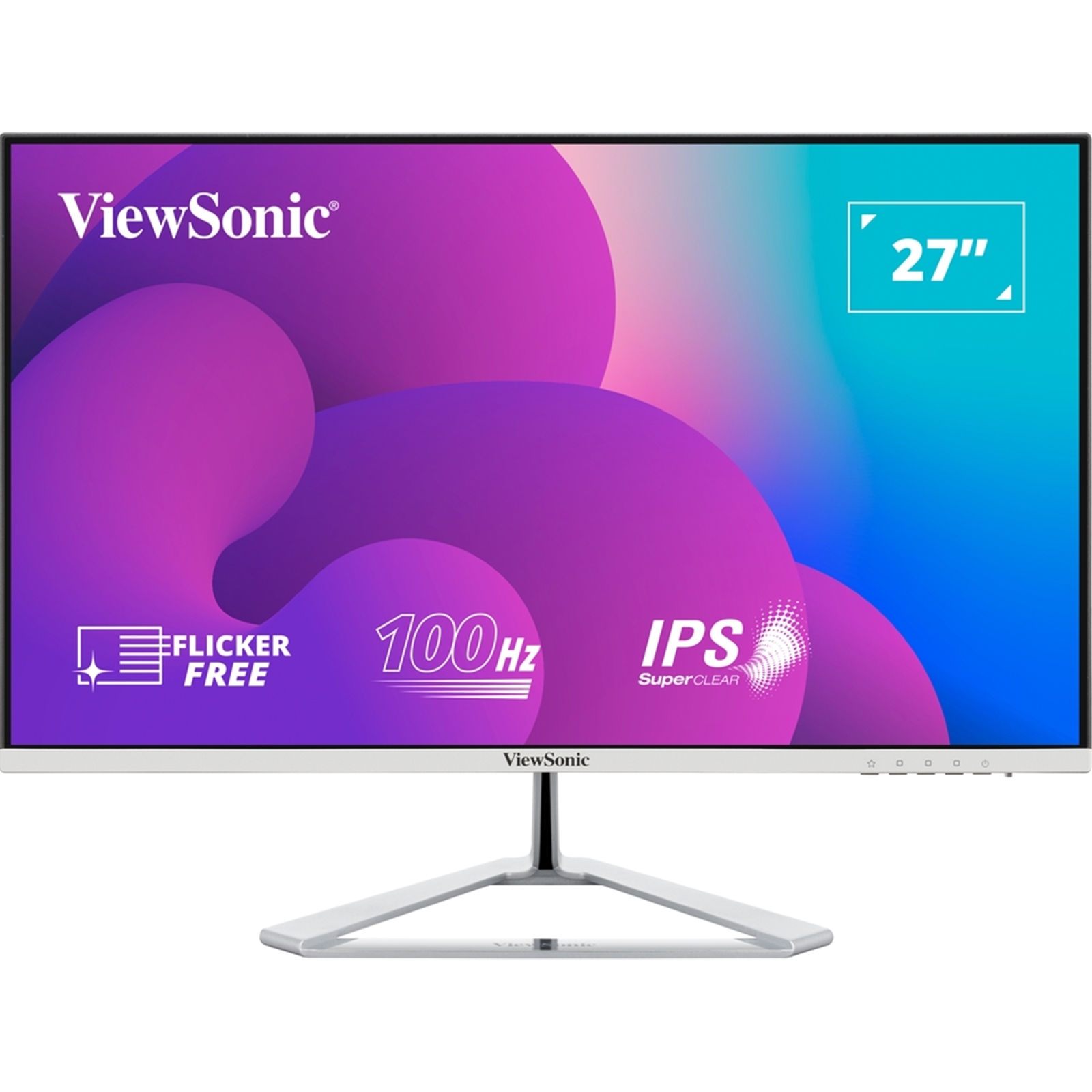 Viewsonic VX2776-SMH 27 Inch IPS Frameless Monitor, Full HD, 100Hz, 4ms, VGA, 2xHDMI, Int PSU, VESA, Chrome Stand, Speakers