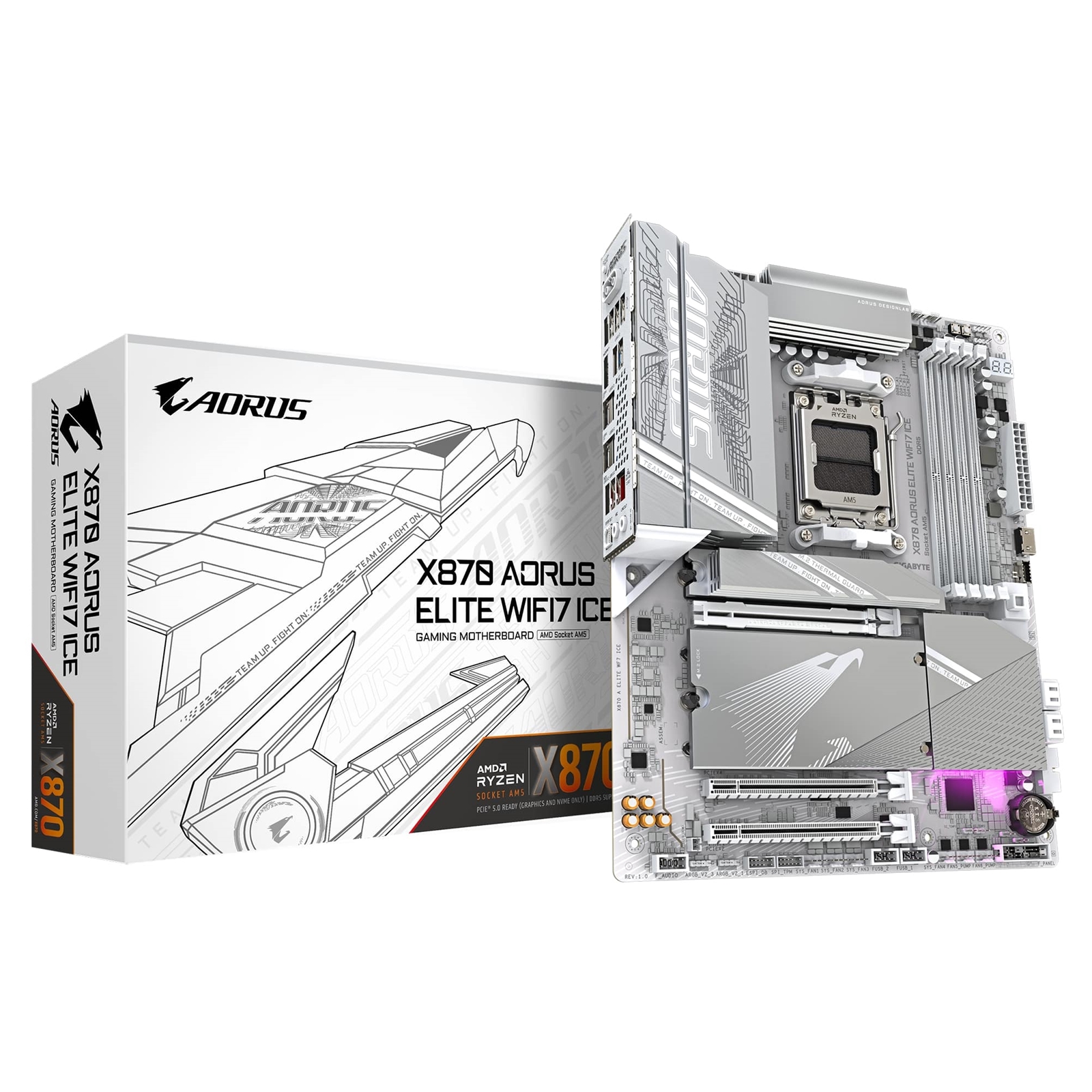 Gigabyte X870 AORUS ELITE WIFI7 ICE AMD AM5 Socket Motherboard, ATX, 4x DDR5 Slots, 4x M.2 Sockets, 3x USB-C Port, Fitted I/O Shield, 2.5GbE LAN, Wi-Fi 7, 2x HDMI Port / 2x USB-C (USB4)