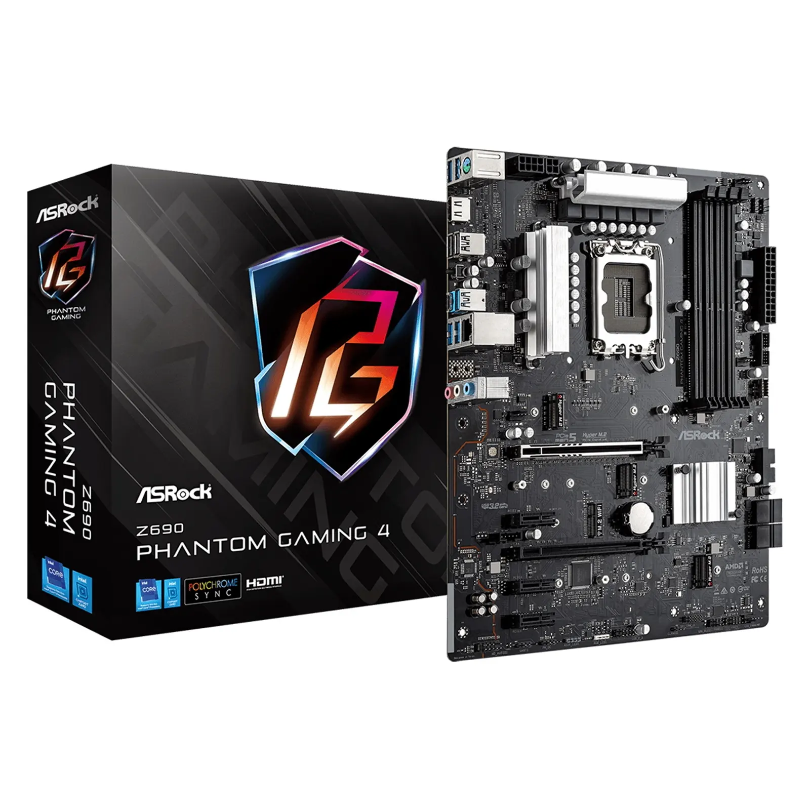 ASRock Z690 Phantom Gaming 4 DDR4 Motherboard, Intel Socket 1700, 12th Gen, 1x PCIe 5.0 x16, 1x PCIe 4.0 x16, 1x PCIe 3.0 x1, ATX, USB 3.2 Gen2x2 Type-C, Intel Gigabit LAN, HDMI, Hyper M.2 Gen4, 4x SATA3