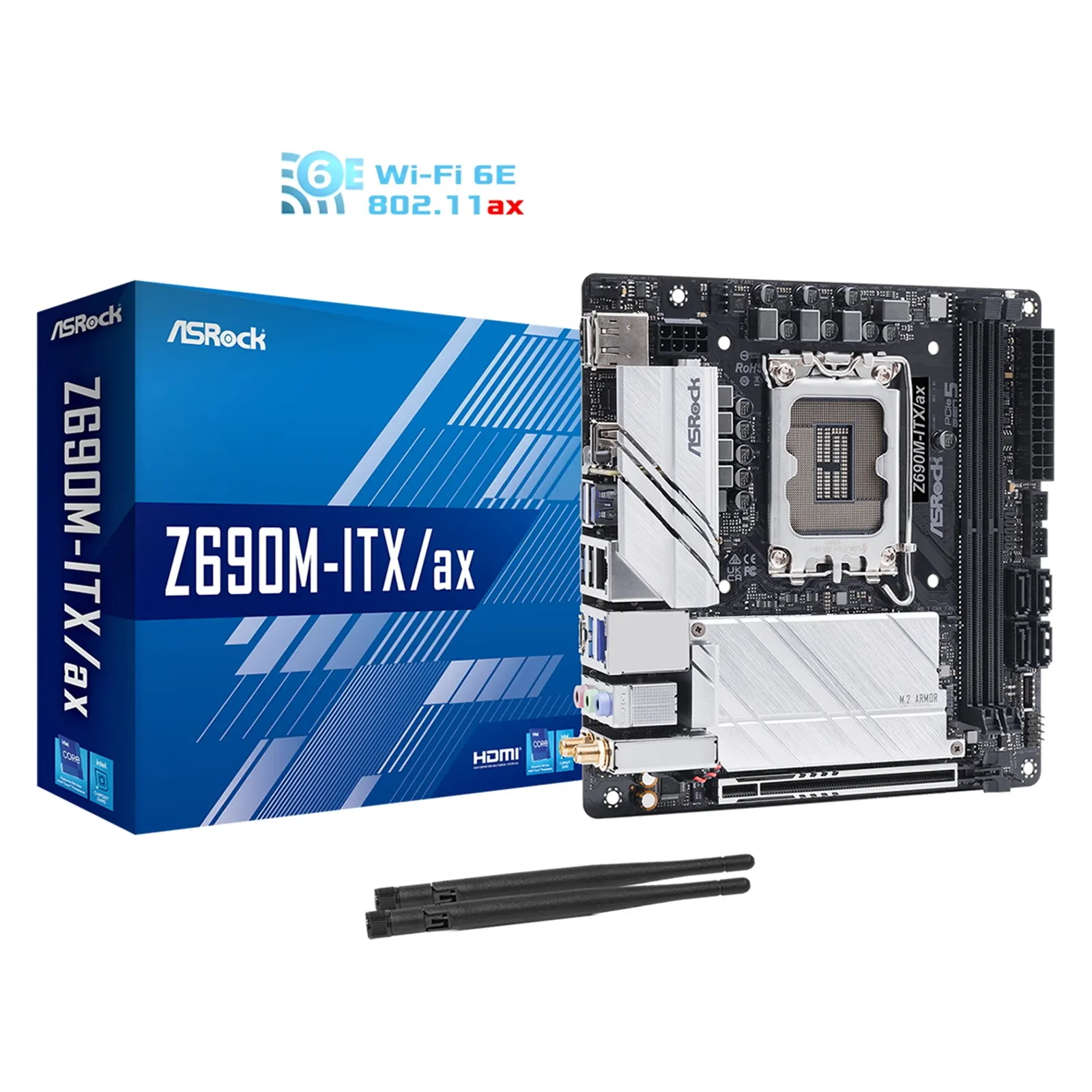 ASRock Z690M-ITX/ax Motherboard, Intel Socket 1700, 12th Gen, Mini ITX, 8 Phase Dr. MOS Design, DDR4, 1x PCIe 5.0 x16, 4x SATA3, 2x PCIe Gen4 M.2, 2x USB 3.2 Gen 2x2 Type-C, Dragon 2.5G LAN, 802.11ac WiFi 6E, Bluetooth, HDMI, DisplayPort