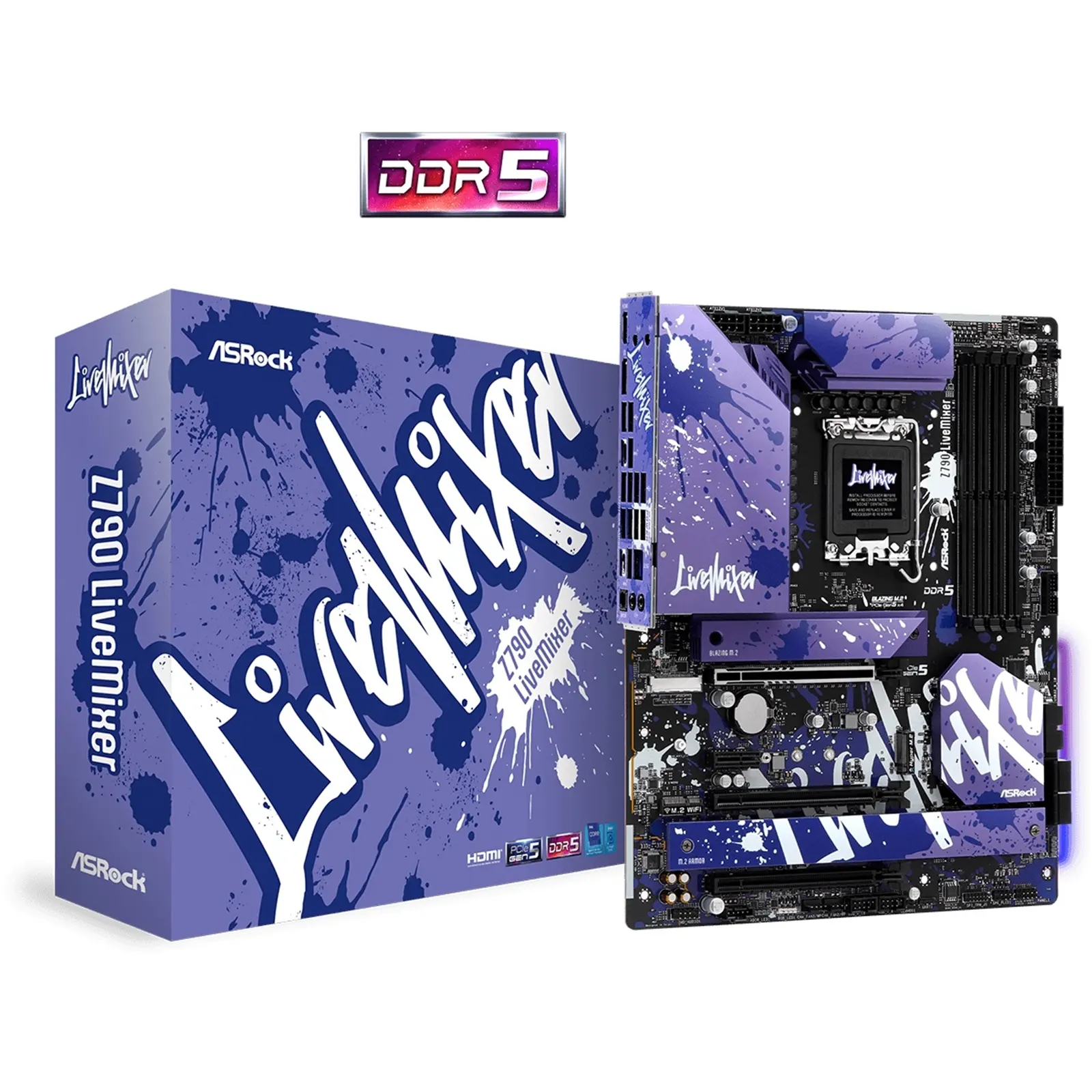 ASRock Z790 LiveMixer Motherboard, Intel Socket 1700, ATX, DDR5, USB Type-C 3.2 Gen2x2, 1x PCIe 5.0 x16, 2x PCIe 4.0 x16, 1x PCIe 3.0 x1, 1x M.2 Key-E for WiFi, 1 HDMI, 1 DisplayPort, eDP, Realtek 2.5G LAN