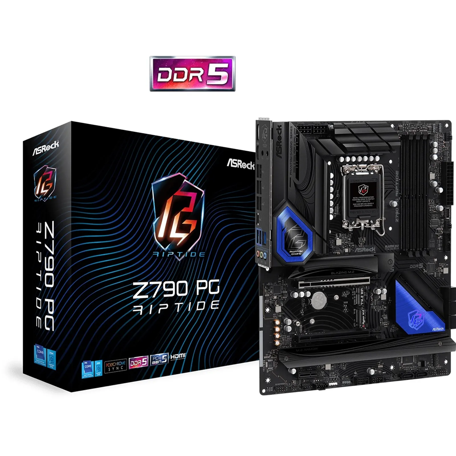 ASRock Z790 PG RIPTIDE DDR5 Motherboard, Intel Socket 1700, 1 PCIe 5.0 x16, 1 PCIe 4.0 x16, 1 PCIe 3.0 x1, 1 M.2 Key-E for WiFi, HDMI/DisplayPort, USB 3.2 Gen2x2 Type-C, Killer 2.5G LAN, 1 Blazing M.2 (PCIe Gen5x4)