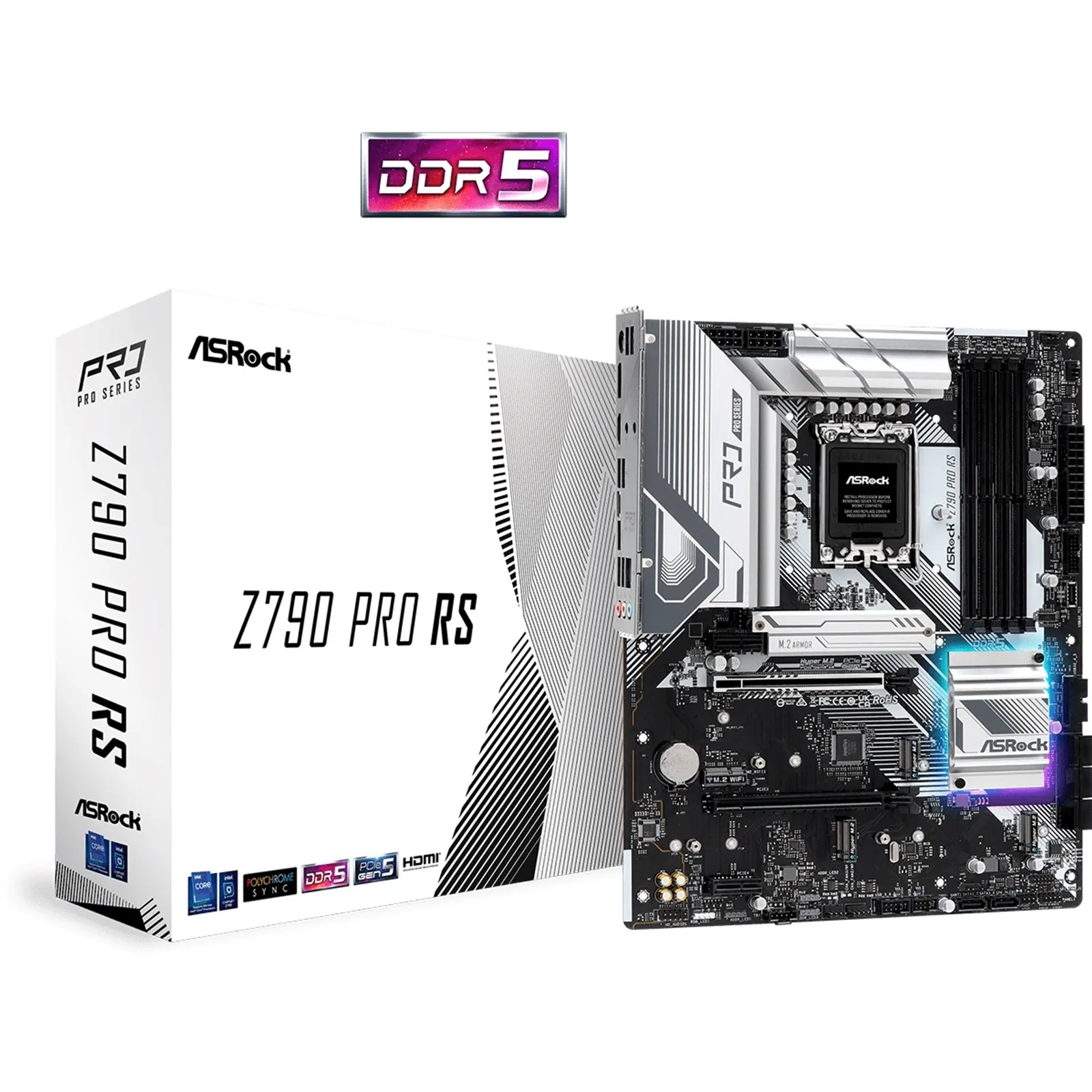 ASRock Z790 PRO RS DDR5 Motherboard, Intel Socket 1700, 14+1+1 Phase Power Design, 1x PCIe 5.0 x16, 1x PCIe 4.0 x16, 2x PCIe 3.0 x1, 1x M.2 Key-E for WiFi, Realtek 2.5G LAN, USB 3.2 Gen2x2 Type-C